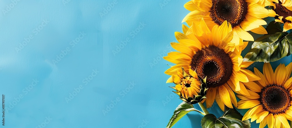 Aufkleber vertical banner featuring vibrant yellow sunflowers set against a blue sky backdrop designed with a 