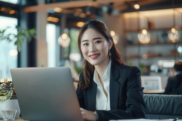 smiling asian businesswoman working on laptop in modern office confident professional aigenerated image