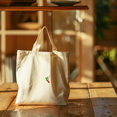 Tote bag with eco-friendly logo, Wooden table background