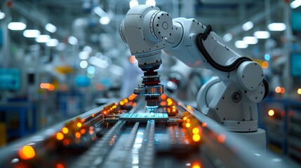 A robotic arm delicately places components on a conveyor belt in a modern, clean industrial setting, highlighting precision and automation in manufacturing.