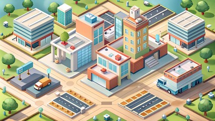 isometric modern hospital buildings in the city