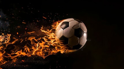 Fototapeta premium Soccer ball with bright flame trail on the black background.