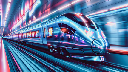 Fototapeta premium Cutting-edge high-speed train zoom through neon lit tunnel, stream shape, glossy exterior