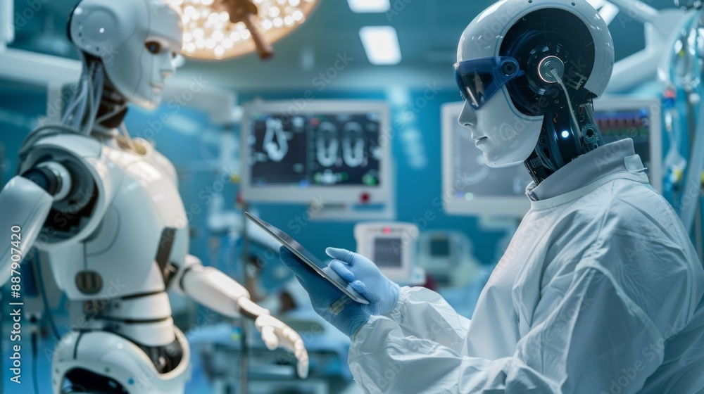 Aufkleber A robot is holding a tablet in front of another robot