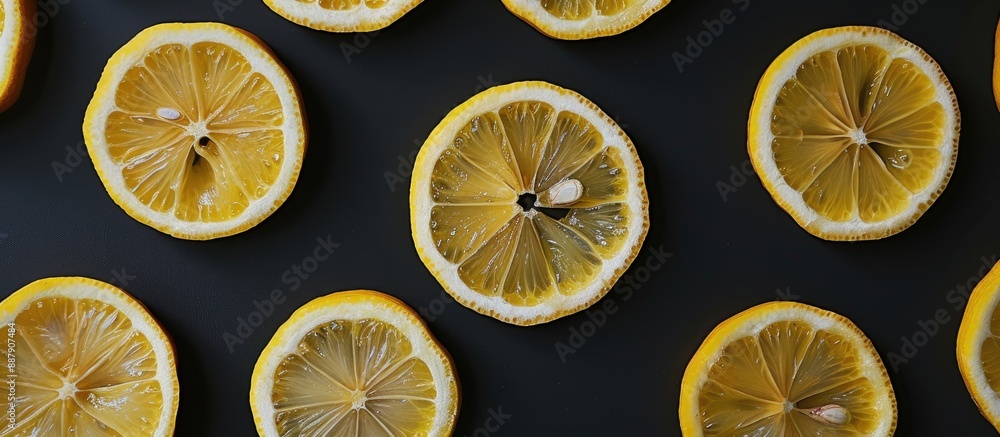 Fototapete Close up image of fresh juicy yellow lemon slices on a black background with a flat lay perspective and top view highlighting the vibrant citrus fruit Contains copy space