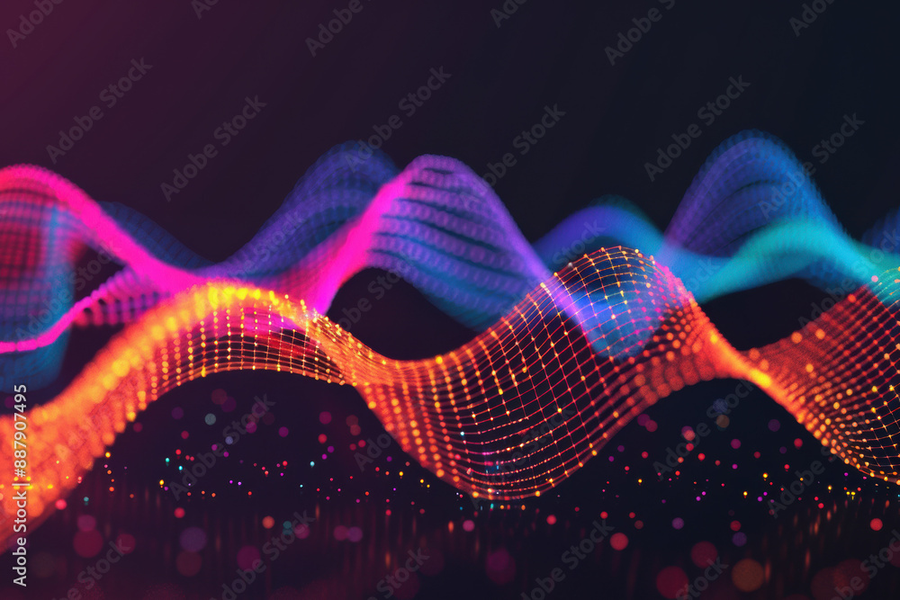 Poster vibrant multicolored digital waveforms against a dark background, representing data flow, technology