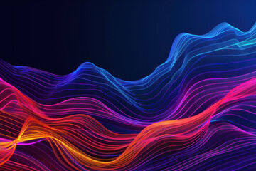 Fototapeta premium Vibrant neon waveforms in abstract digital landscape against dark background, illustrating dynamic flow and modern technology.