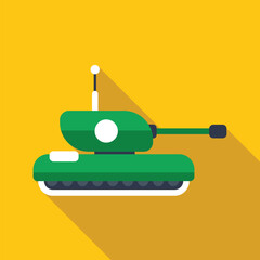 Green heavy military tank standing on yellow background in flat design