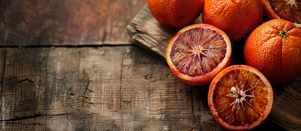 Poster blood oranges displayed on a rustic wooden surface with empty space for text or imagery a captivatin