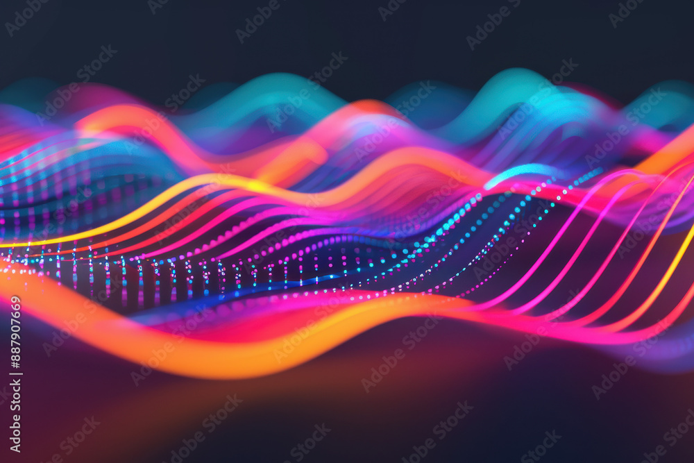 Poster vibrant abstract digital wave pattern with dynamic neon colors on a dark background, representing te