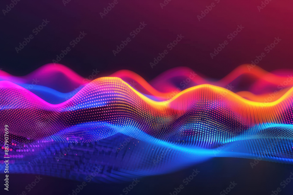 Poster vibrant abstract digital wave pattern with neon colors, showcasing dynamic motion and futuristic des