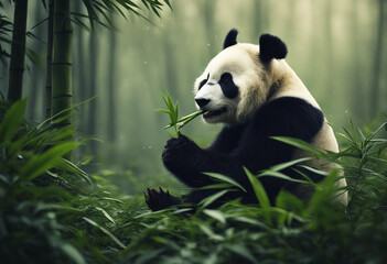 Fototapeta premium A panda eating bamboo in a lush forest, foggy morning 