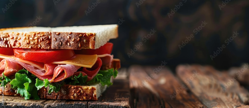 Poster Sandwich featuring tomato cheese and ham with a blank space for text or image available. with copy space image. Place for adding text or design