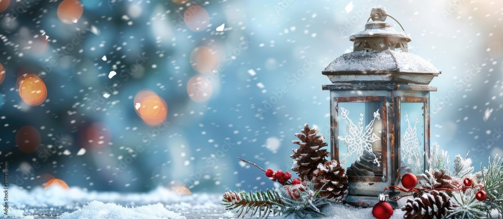 Fototapete snowflakes gently fall around a festive christmas lantern decorated with pine cones and ornaments on