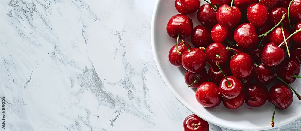 Poster close up horizontal layout of red cherries on a white background in a plate with copy space image