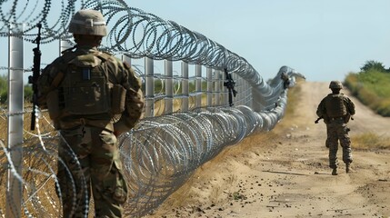 Fototapeta premium Military guards with weapons stand along the border with barbed wire, guarding the border from illegal immigrants