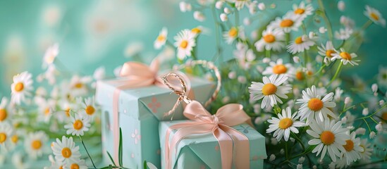 Spring themed gift boxes adorned with daisies against a floral backdrop make an attractive copy space image