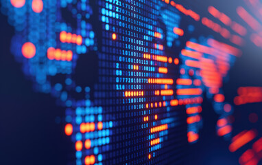 Obraz premium Digital world map with binary code and illuminated data points. High-tech, global technology network concept in blue and red tones.