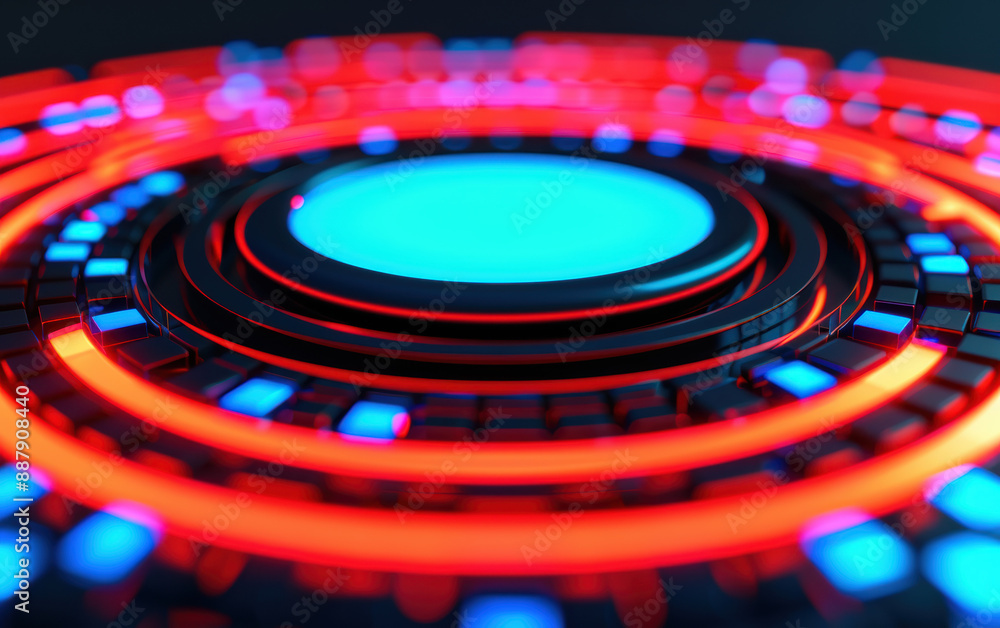 Poster vibrant futuristic circular light pattern with blue and red glowing segments, creating a mesmerizing