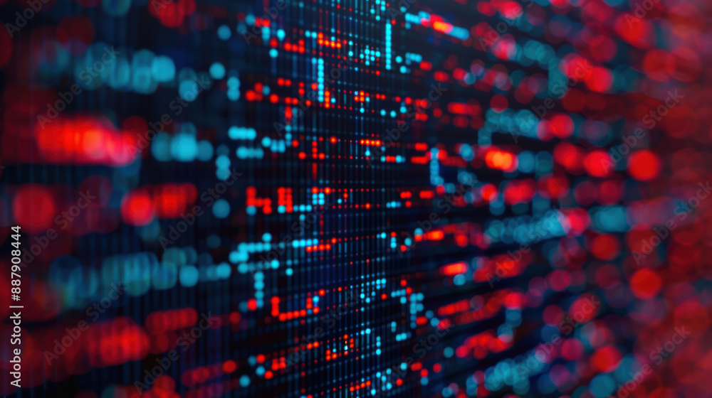 Poster abstract digital background with red and blue led lights forming a data matrix, representing technol