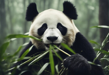 Fototapeta premium A panda eating bamboo in a lush forest, foggy morning 