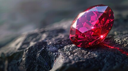 A vibrant red ruby, radiant against a stark black stone base, capturing the essence of Pink Floyd's psychedelic aesthetics in its intricate shine and enigmatic shadows.