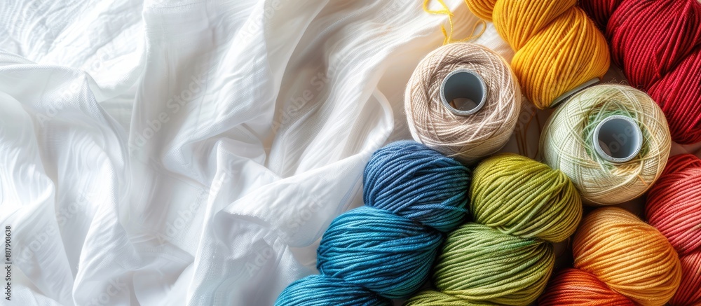 Aufkleber white cotton jersey fabric background with a spool of raw organic cotton yarn in various colors crea