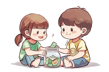 Two adorable children sit on the ground with a glass jar filled with coins and banknotes in front of them, depicted in a charming cartoon style against a clean white background.