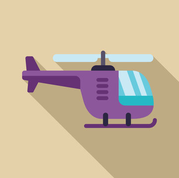 Purple helicopter flying in the sky, flat design icon with long shadow
