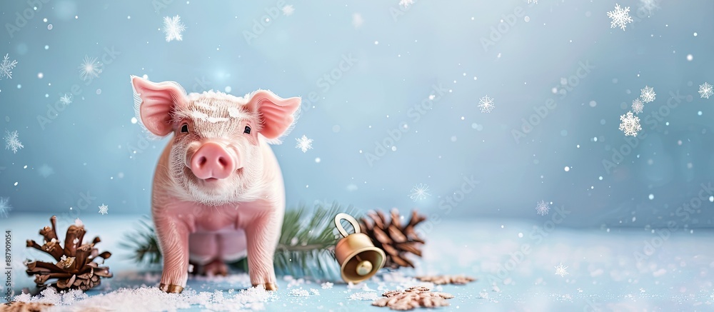 Poster a charming pink pig new year decoration with pine cone and snowflake bell on a blue background minim