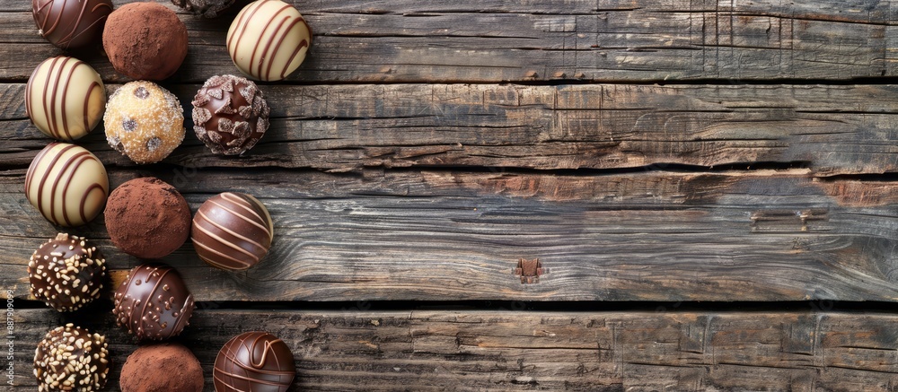 Poster chocolate truffles displayed on a rustic wooden surface with a blank space for adding images. with c