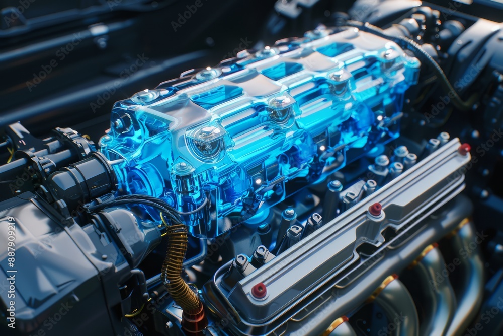 Poster futuristic engine with blue highlights, capturing a high-tech and mechanical visual effect in a deta