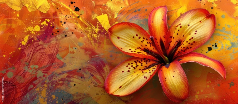 Poster Close up view of a red yellow tropical flower with dark dots against an abstract floral background with copy space image
