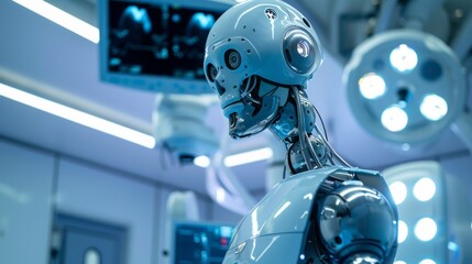 Fototapeta premium A robot is standing in a hospital room with a monitor on the wall