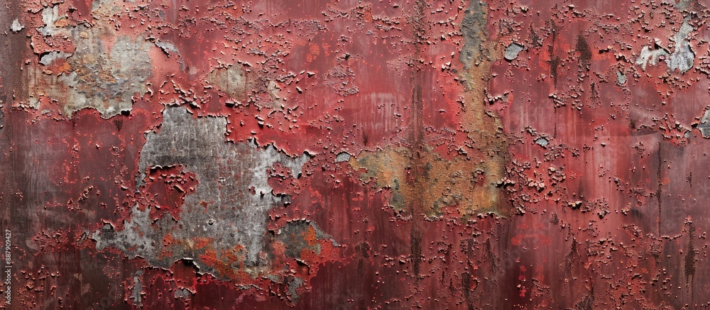 Poster Vintage rusty red iron wall background showcasing various layers of paint and rust perfect for a copy space image