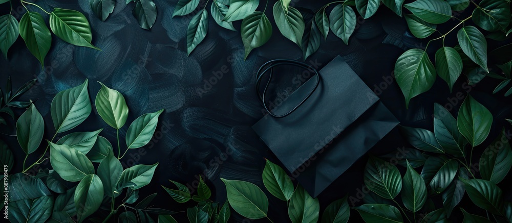 Aufkleber dark background with green leaves frames a black shopping bag in a mockup offering copy space image