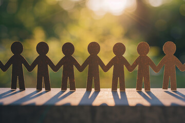 Paper cutout figures holding hands silhouetted against a sunset, symbolizing unity, teamwork, and community support.