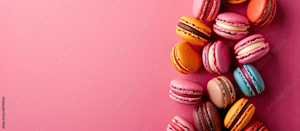 Aufkleber colorful macaroons arranged on a vibrant hot pink background perfect for showcasing with a copy spac