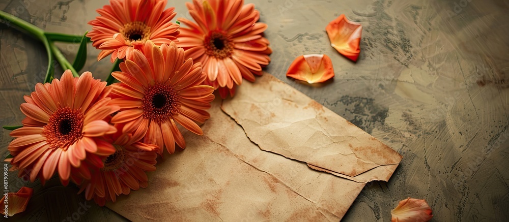 Poster Kraft paper envelope adorned with lovely orange flowers and a blank space for a message. with copy space image. Place for adding text or design