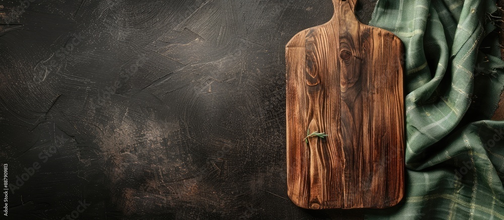 Poster wooden table with a green tablecloth and a cutting board mockup ideal for online presentations with 