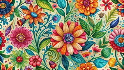 Vibrant hand-drawn flowers and leaves swirl together in a whimsical abstract pattern, evoking the joy and beauty of spring in a stunning vintage-inspired acrylic painting.