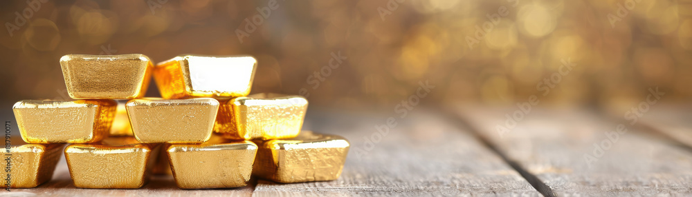 Poster stack of shiny gold bars placed on a rustic wooden surface with a glowing bokeh background, symboliz