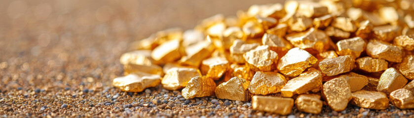 Close-up of gold nuggets scattered on a textured surface, glistening with natural light. Perfect for themes of wealth, luxury, and natural resources.