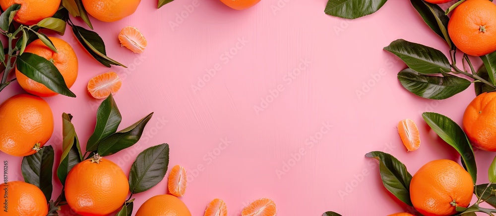 Poster fresh tangerines and leaves creatively form a frame against a pink background for a beautiful copy s