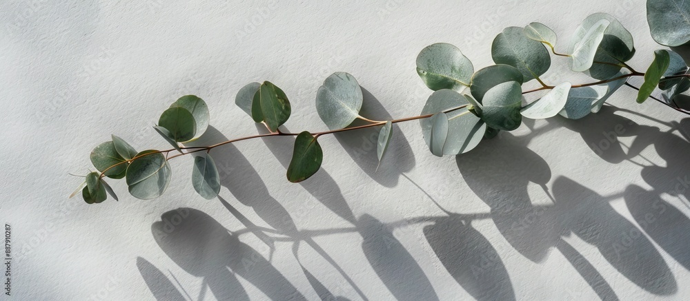 Aufkleber A front facing view of a fresh eucalyptus branch casting a crisp shadow on a gray backdrop providing ample copy space image