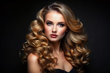 Fototapeta premium Hair style advertising romantic beautiful woman portrait waving natural beauty hairs isolated on black illustration. Generative Ai