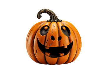 A cartoon depiction of a carved pumpkin with a grinning face. The pumpkin has a dark brown stem, and the face has large, black eyes, a wide, toothy smile, and a small, round nose.