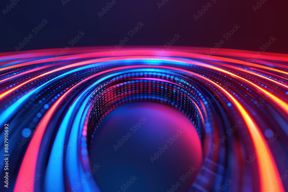 Poster abstract futuristic neon light effect with vibrant red and blue colors creating a mesmerizing circul