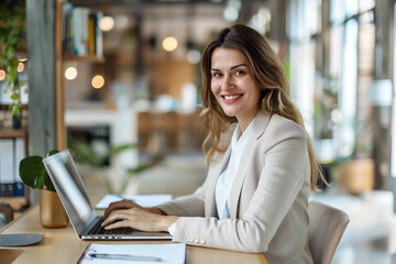 Jeune femme professionnelle souriante travaillant sur un ordinateur portable dans un bureau moderne