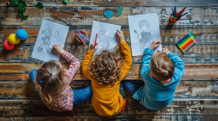Three children seen from above coloring pages with crayons on a wooden floor, showcasing creativity and teamwork.